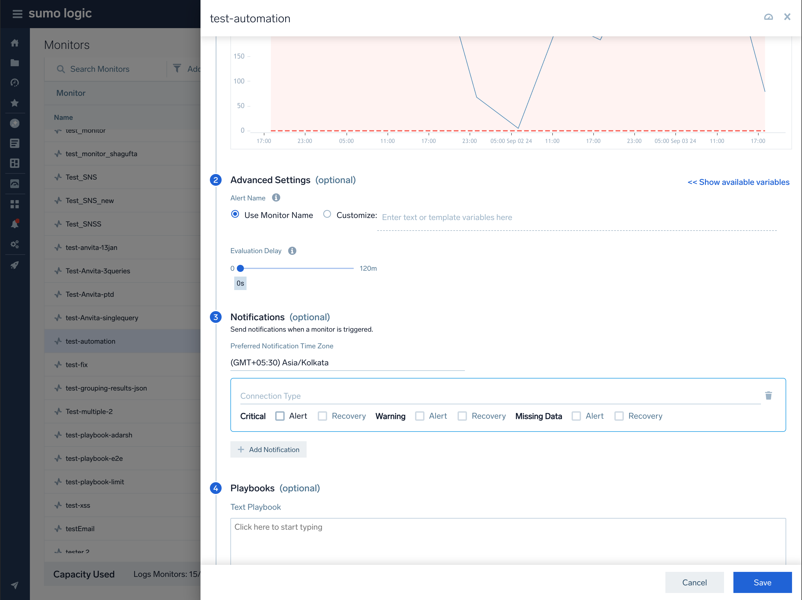 Monitor configuration showing notification settings